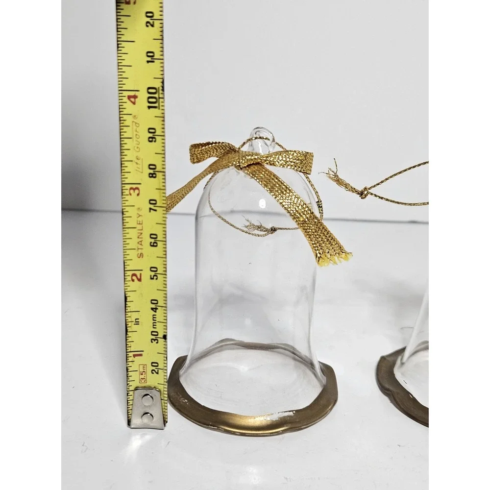 1994 PMI Clear Glass Christmas Bell Ornaments Gold Trim No Clapper Set Of 2 Vtg